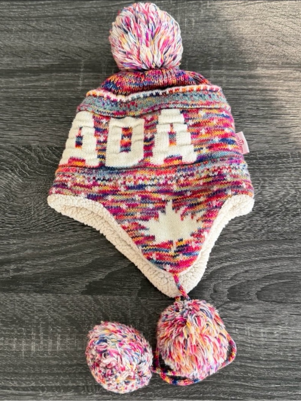 Robin Ruth Multicolor Knit Earflap Hat with White Lettering - Picture 3 of 8